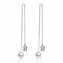 Wholesale fashion long silk thread 925 sterling silver diamond pearl earrings